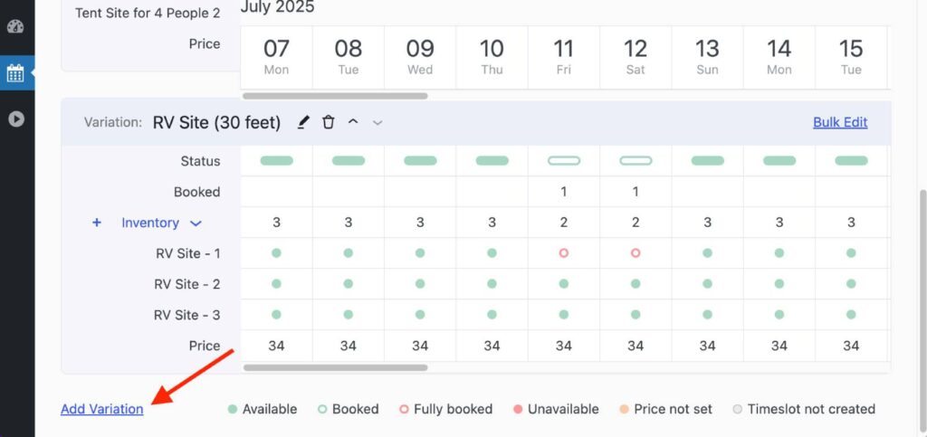 Hinzufügen einer Variation zum Buchungskalender