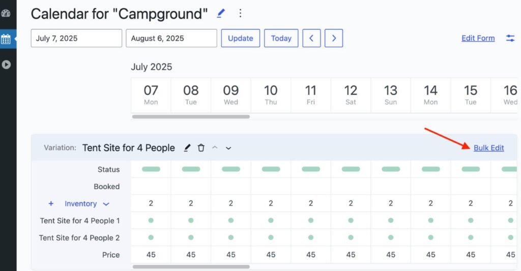 Massenbearbeitungsoption im Kalender
