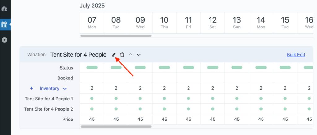 Änderung der Variation im Buchungskalender